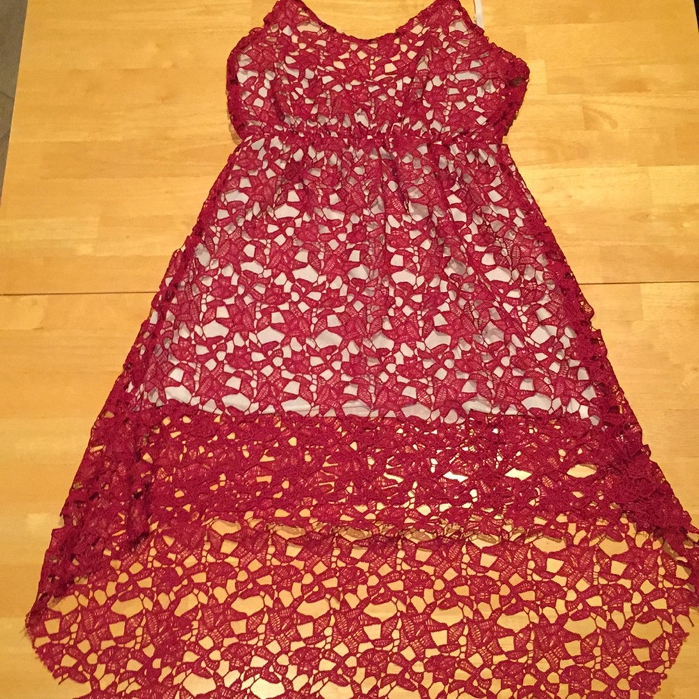 Lace overset red and white highlow dress